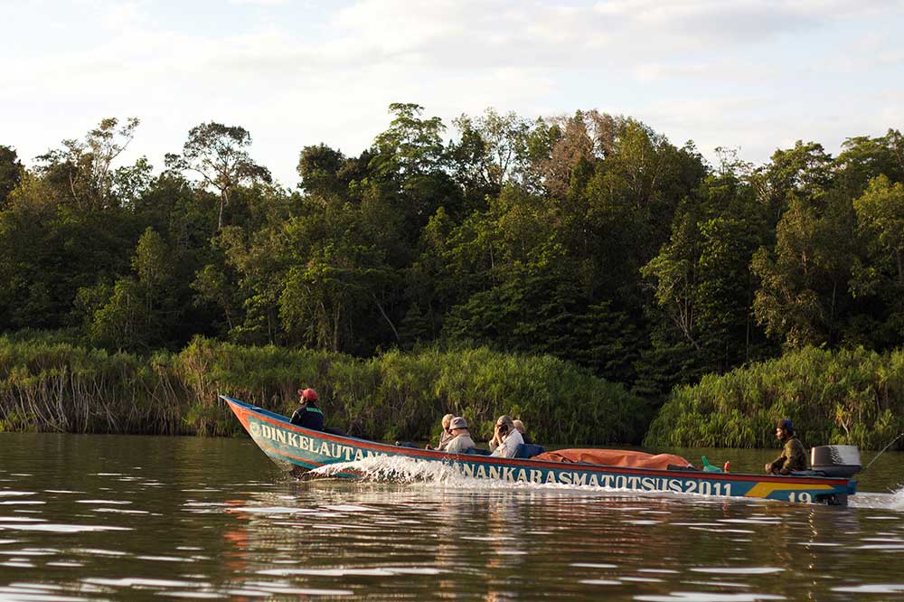 people in boat on river with forest background