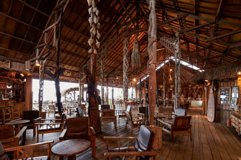 The lobby restaurant at The Baliem Valley Resort displays a large Papua art collection.